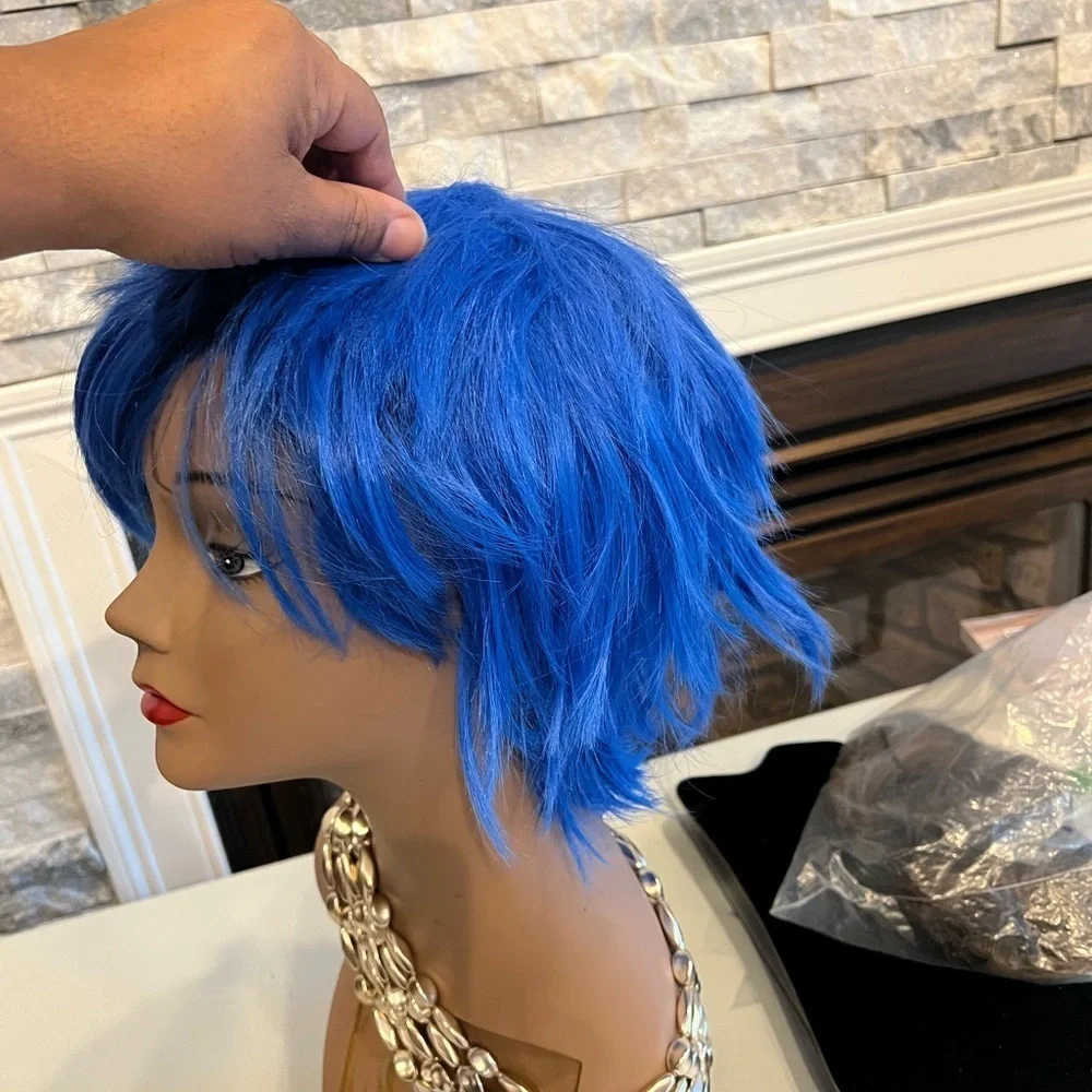 Vibrant Blue Anime Cosplay Wig – Layered Short Hair with Bangs for Cosplay